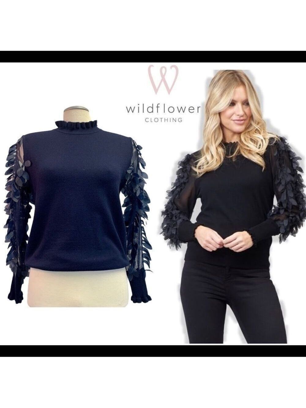WILD Flower navy blue Leaf Mesh Sleeves sweater Sz XS